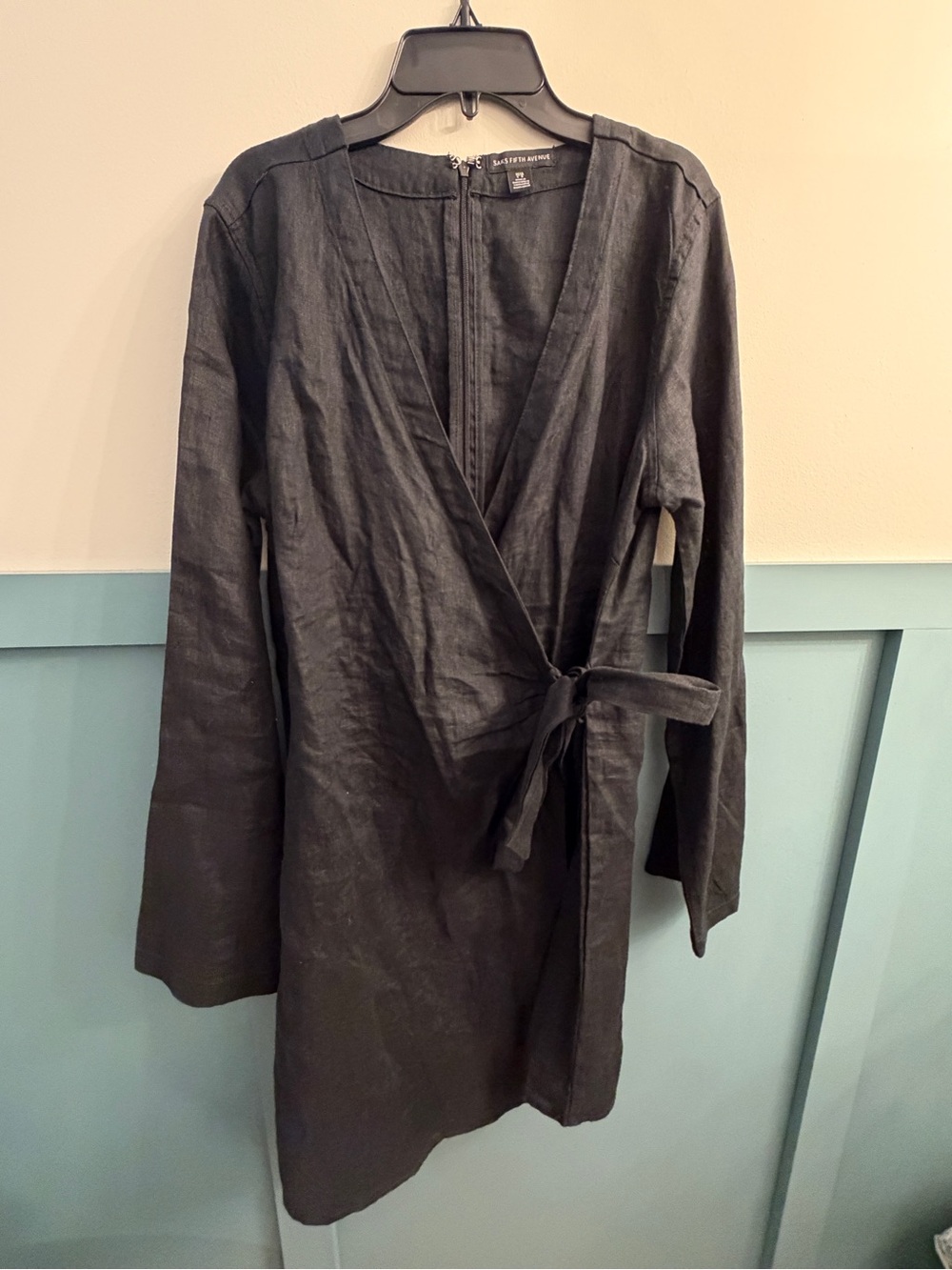 Saks Fifth Avenue Black Linen Wrap Dress with Side Tie